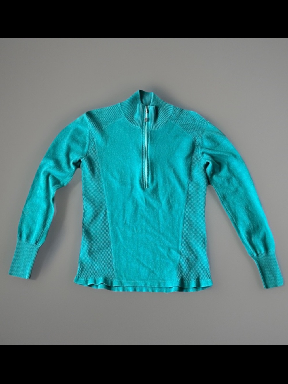 Eddie Bauer Women's L Teal Blue 1/4 Zip Mock Neck Sweater Honeycomb Knit Sides
